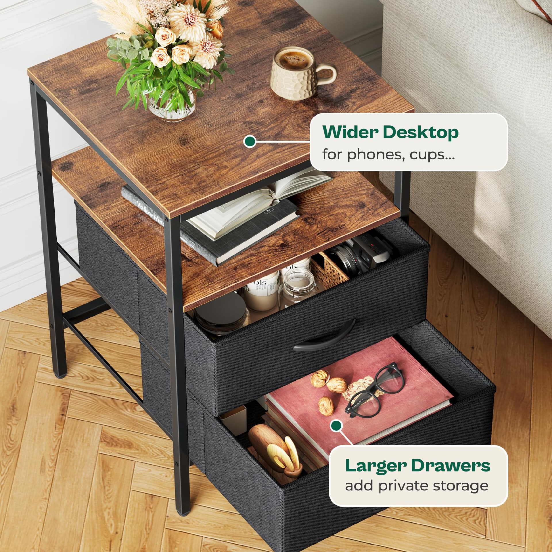 Nightstand with Charging Station, Side Table with Fabric Drawers, End Table with Open Shelf