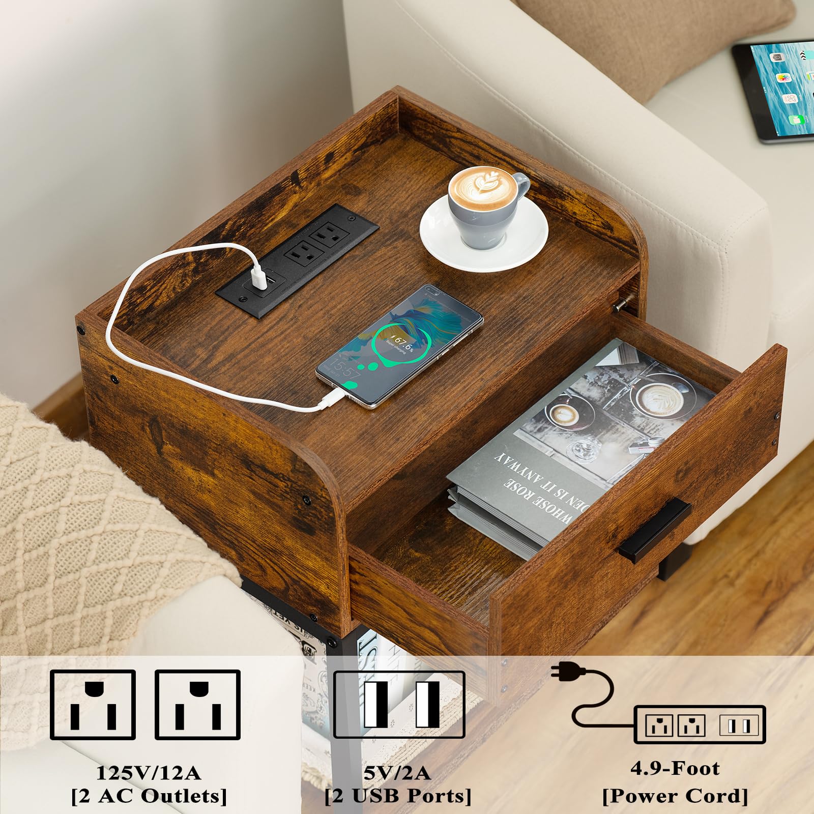 Nightstand with Charging Station, Night Stand with 2 Outlets and 2 USB Ports