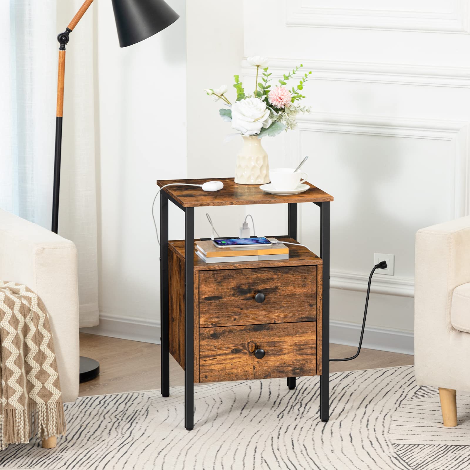 End Table with Charging Station, Bedside Table with 2 Drawer & USB Ports & Power Outlets